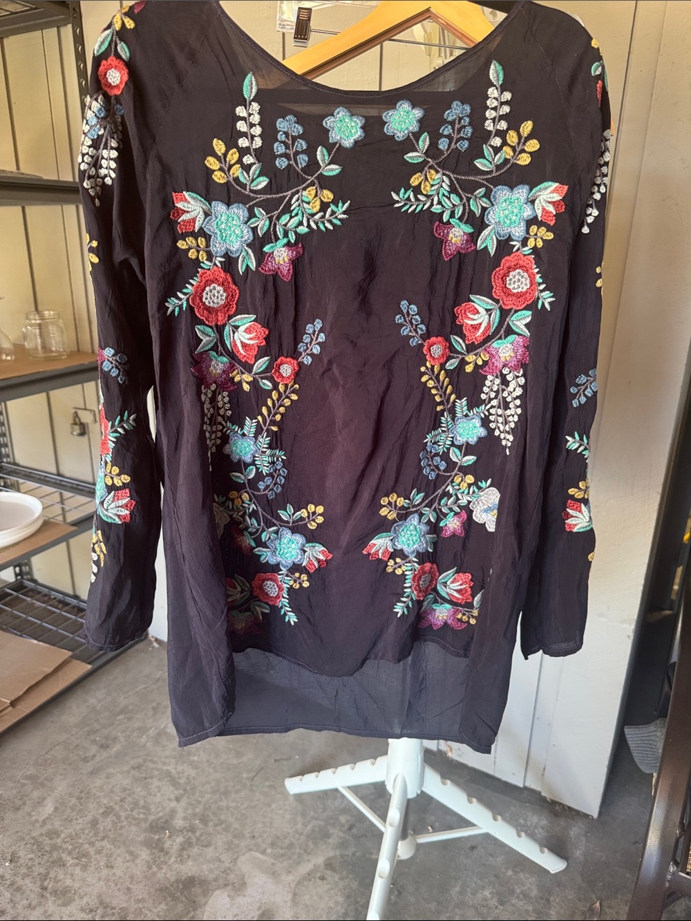 Johnny Was Black Long-Sleeve Shirt with Multicolored Floral Embroidery